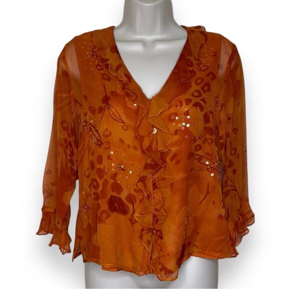New York City Design Co Silk Floral Ruffle Sequin Pumpkin Top Women Size Small - Picture 1 of 11